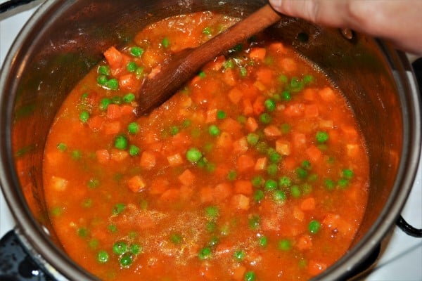 Best Green Pea Soup Recipe-Pour Water on Frying Frozen Pea and Carrots
