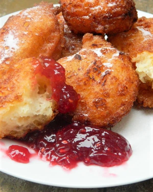 Cottage Cheese Donuts-Transylvanian Recipe 2 Cottage Cheese Donuts-Served on Plate With Raspberry Jam
