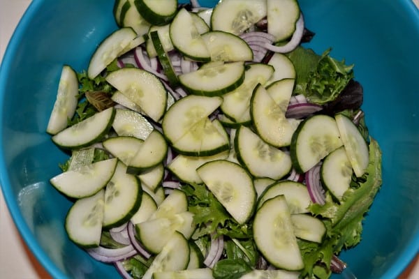 Best Homemade Chicken Salad Recipe - Sliced Cucumber Over Onion and Baby Leaf Salad