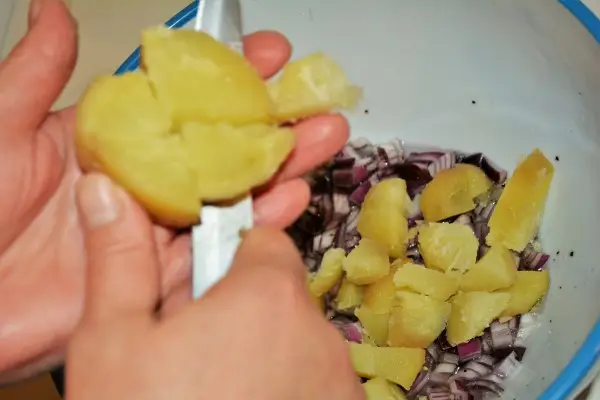 Best Simple Potato Salad Recipe-Cut in Cubes Potatoes on the Chopped Onions