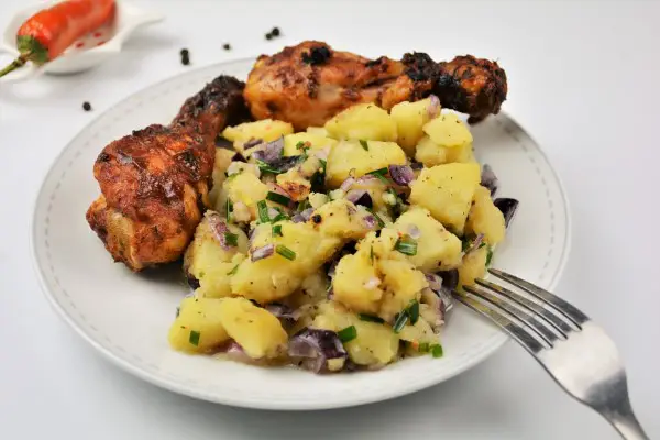 Best Simple Potato Salad Recipe-Served on Plate With Roasted Chicken Drumstick