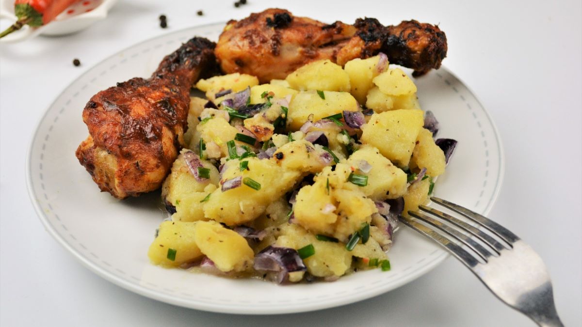 Best Simple Potato Salad Recipe-Served on Plate With Roasted Chicken Drumstick