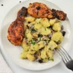 No Mayo Potato Salad Recipe-Served on Plate With Roasted Chicken Drumstick