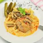 Creamy Homemade Chicken Stew Recipe -Served on Plate With Pasta and Pickles
