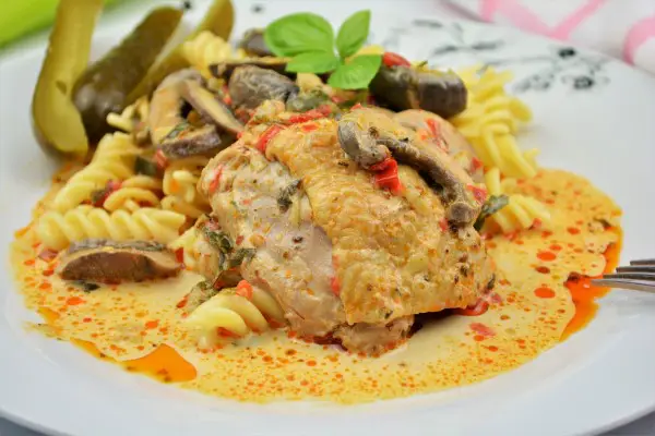 Creamy Homemade Chicken Stew Recipe -Served on Plate With Fusilli Pasta