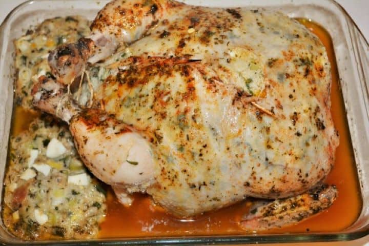 Baked Stuffed Whole Chicken Recipe-Half Baked Half Baked Stuffed Chicken in the Glass Tray