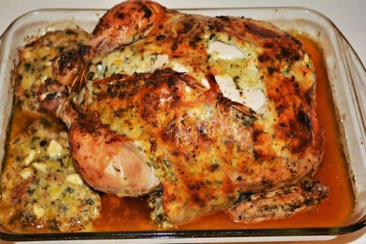 Baked Stuffed Whole Chicken Recipe-Ready to Serve Baked Stuffed Whole Chicken Ready to Serve in the Glass Tray
