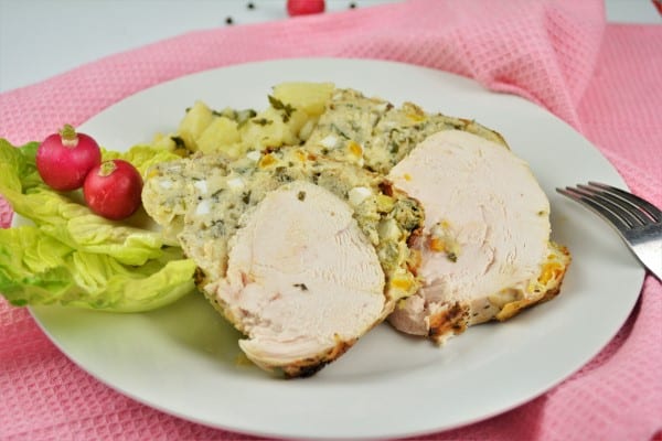 Baked Stuffed Whole Chicken Recipe-Served on Plate With Boiled Potatoes