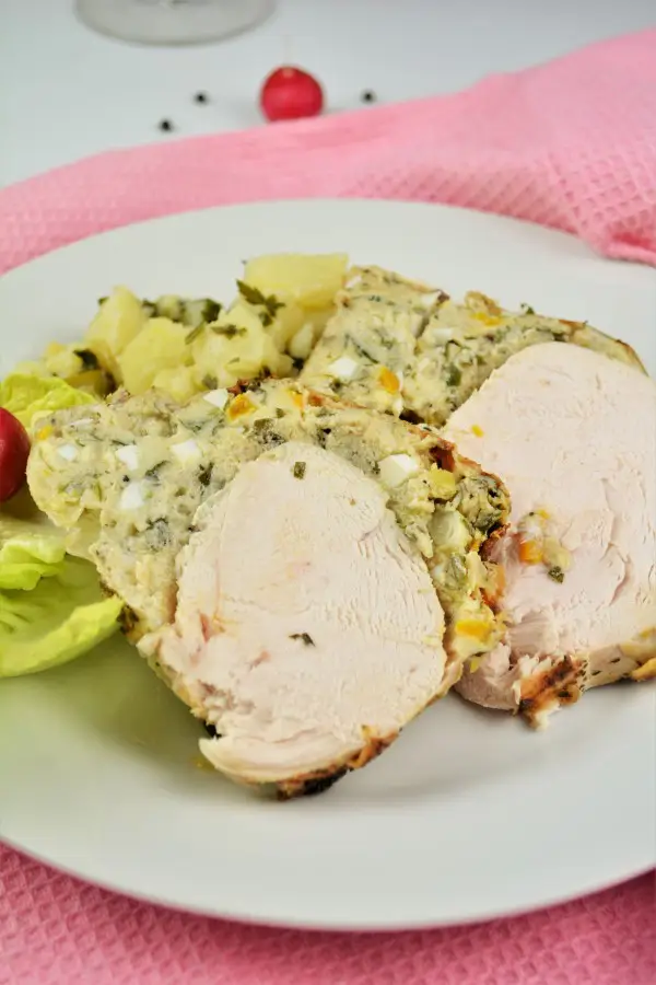 Baked Stuffed Whole Chicken Recipe-Served on Plate With Boiled Potatoes