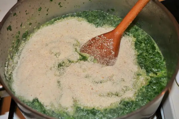 Quick Creamed Spinach Recipe - Bread Crumbs on Blended Spinach in the Pot