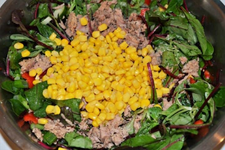 Simple Tuna And Pasta Salad Recipe - All Vegetables, Sweetcorn and Tuna Chunks in the Bowl All Vegetables, Sweetcorn and Tuna Chunks in the Bowl