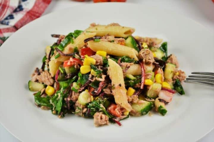 Simple Tuna And Pasta Salad Recipe - Served on Plate Tuna Pasta Salad Without Mayo Served on a White Plate