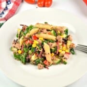 A beautifully plated portion of healthy tuna pasta salad without mayo, showing a colorful mix of penne, sweetcorn, crisp red bell pepper, and fresh chives.