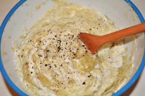 Grilled Eggplant Dip Recipe-Seasoning With Salt and Ground Pepper the Mixed Eggplant
