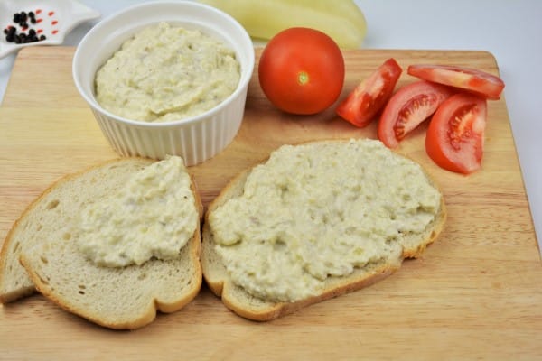 Grilled Eggplant Dip Recipe-Served With Bread and Tomatoes