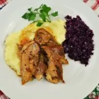 Oven Baked Turkey Legs Recipe-Served With Mashed Potatoes and Red Cabbage