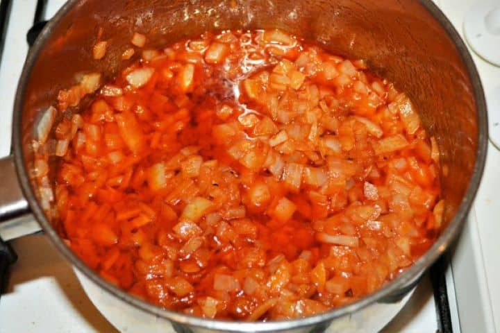 Easy Homemade Refried Beans Recipe-Fried Onion in the Sauce Pan Fried and Paprika Seasoned Onions in the Pan