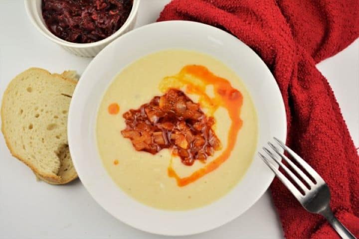 Easy Homemade Refried Beans Recipe-Served With Fried Onions Transylvanian Mashed Beans Served on White Plate With Fried Onions