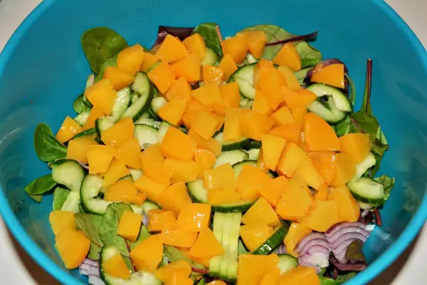 Best Leftover Turkey Salad Recipe-Cut Cubes Peach, Sliced Onion and Cucumber on Bistro Salad in the Bowl