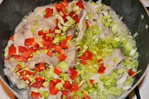 Creamy Pork Stew Recipe-Chopped Leek and Kapia Pepper Over Fried Pork Loins