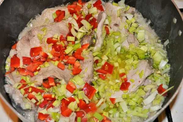 Creamy Pork Stew Recipe-Chopped Leek and Kapia Pepper Over Fried Pork Loins