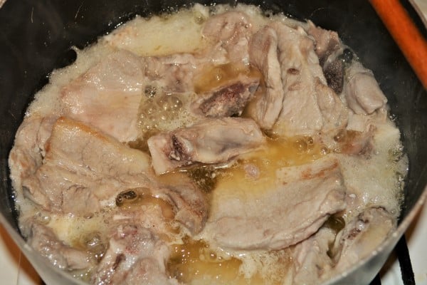 Creamy Pork Stew Recipe-Fried Pork Loin Slices and Bones in the Pan