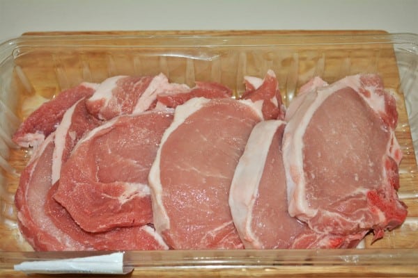 Creamy Pork Stew Recipe-Sliced Pork Chops in Plastic Casserole
