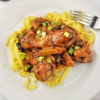 Easiest Teriyaki Chicken Recipe-Served on Plate With Tagliatelle and With Chopped Spring Onions