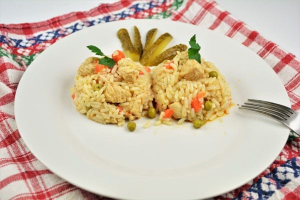 Simple Turkey Fried Rice Recipe-Served on Plate With Pickled Cucumber