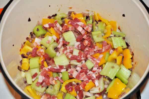 Best Chicken Casserole Recipe-Frying Onion, Garlic, Pepper, Celery and Bacon in the Pot