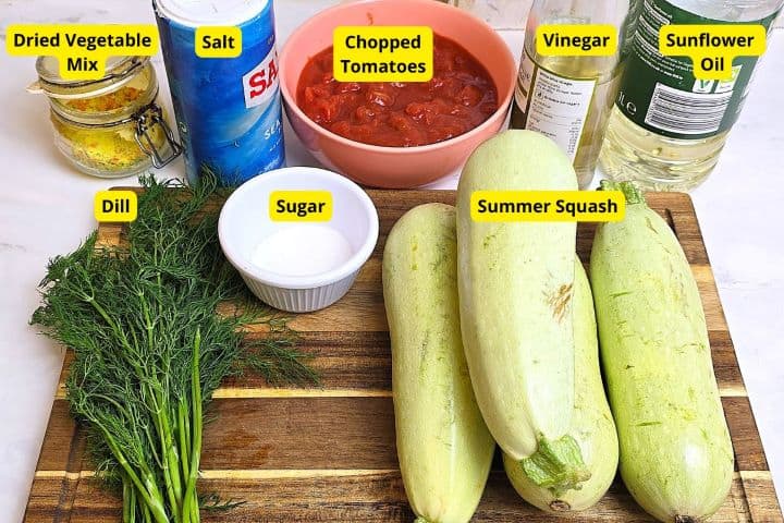 Grated Summer Squash Stew Recipe-Four Summer Squash and One Can Chopped Tomatoes Grated Summer Squash Stew Ingredients on the Table
