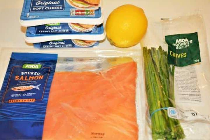 Best Smoked Salmon Cream Cheese Recipe-Ingredients Like Smoked Salmon, Chives, Lemon and Cream Cheese Ingredients for homemade smoked salmon cream cheese recipe including brick cream cheese, diced smoked salmon, fresh chives, dill, and lemon juice.