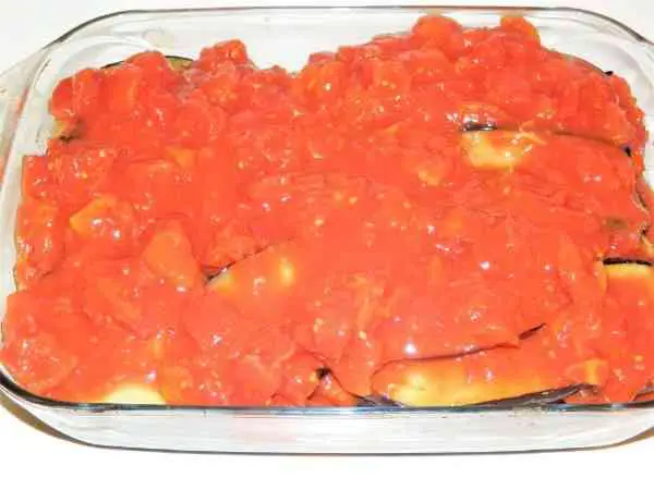 Best Eggplant Casserole Recipe-Canned Chopped Tomatoes on the Top of Moussaka