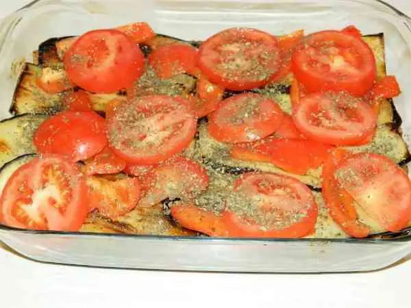 Best Eggplant Casserole Recipe-Fourth Layer of Moussaka is Seasoned Tomatoes and Bell Pepper Slices