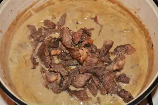 Best Homemade Beef Stroganoff Recipe-Add Fried Ribeye Strips in Creamed Mushroom Sautee in the Pot