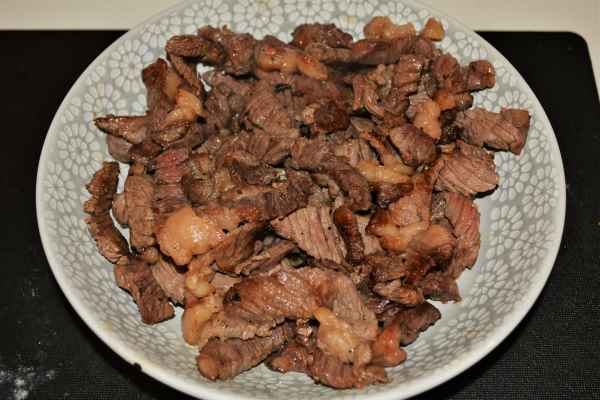 Best Homemade Beef Stroganoff Recipe-Fried Ribeye Strips in the Bowl