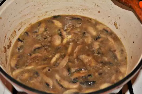 Best Homemade Beef Stroganoff Recipe-Poured Beef Stock Over the Mushrooms in the Pot