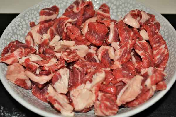 Best Homemade Beef Stroganoff Recipe-Seasoned Ribeye Strips in the Bowl
