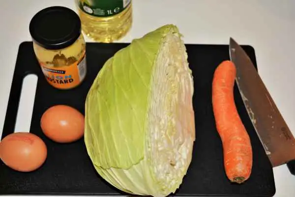 Quick and Easy Homemade Coleslaw Recipe-Half Cabbage, Carrot, Two Eggs, Mustard and Sunflower Oil