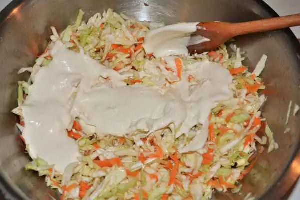 Quick and Easy Homemade Coleslaw Recipe-Mayonnaise on Mixed Vegetables in the Bowl