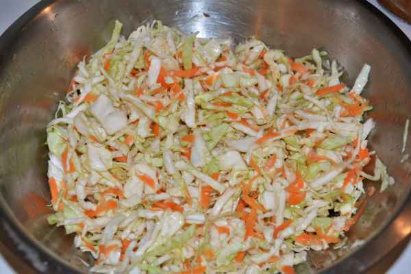 Quick and Easy Homemade Coleslaw Recipe-Salted Mixed Grated Carrot and Sliced Cabbage in the Bowl