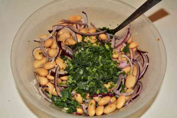 Butter Beans Salad Recipe-Chopped Parsley on the Seasoned Ingredients in the Bowl