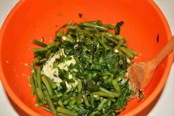 Green Bean Salad With Garlic Cream-Boiled Green Beans, Garlic Cream and Parsley in the Bowl