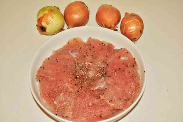 Dutch Oven Turkey Tenderloin Recipe-Seasoned Turkey Loins in the Bowl and Four Onions