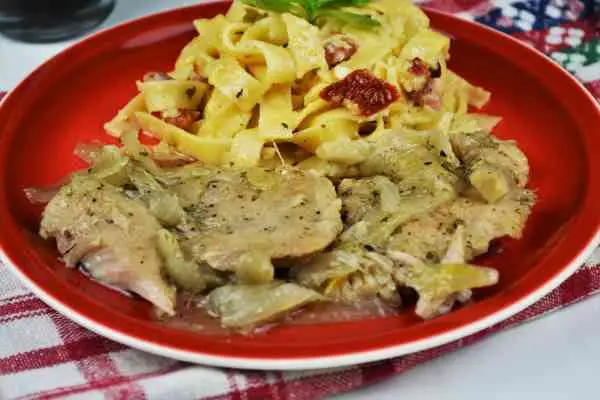 Dutch Oven Turkey Tenderloin Recipe-Served on Plate With Fresh Tagliatelle