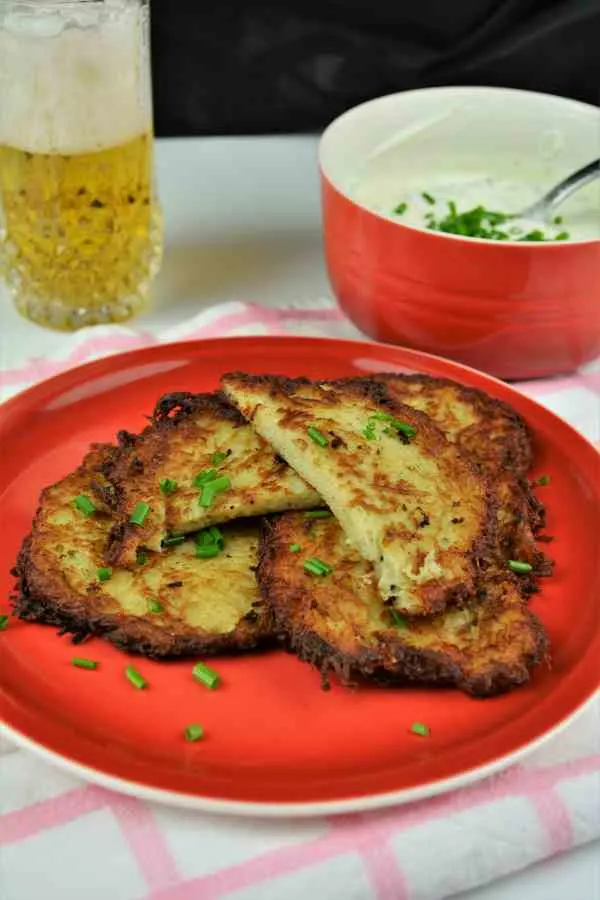 Homemade Hash Browns Recipe-Serving on Plate With Yoghurt Dip