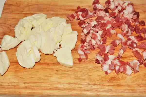 Mediterranean Roasted Eggplant Recipe-Sliced Mozzarella and Bacon Cut in Cubes
