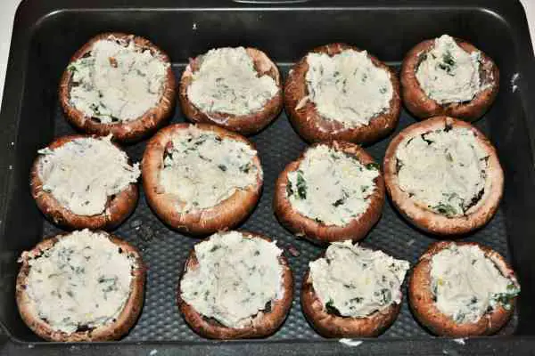 Stuffed Mushrooms With Cheese and Bacon-Portobello Mushrooms in Baking Tray Stuffed With Fried Pancetta and Onion and Cheese Cream