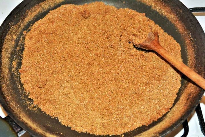 Best Cottage Cheese Dumplings-Fried Breadcrumbs in the Pan Golden toasted breadcrumbs combined with sugar and oil in a skillet.
