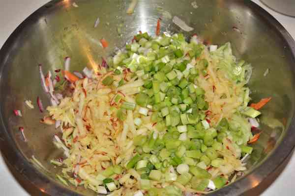 Mediterranean Cabbage Salad Recipe-Grated Apples and Cut Spring Onion in the Bowl